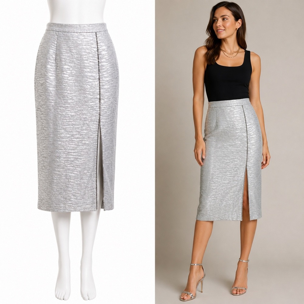 Vintage Solini Skirt Women 4 Silver Metallic Midi High Slit Rhinestone Glam